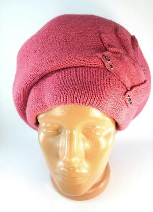 Берет женский вязаный объемный зимний шапка-берет на флисе со стразами берет на ножке розовый2 фото