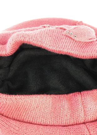 Берет женский вязаный объемный зимний шапка-берет на флисе со стразами берет на ножке розовый3 фото