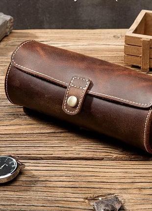 Футляр, кейс для часов на 3 отделения из натуральной кожи. crazy horse