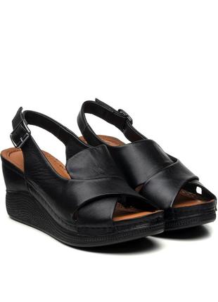 Босоножки кожаные черные женские на удобной скрытой танкетке и платформе, стильные турецкие 1490лz