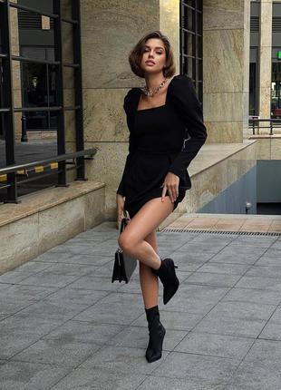 Идеальное черное платье мини ркава-фонарики деми костюмка базовая3 фото