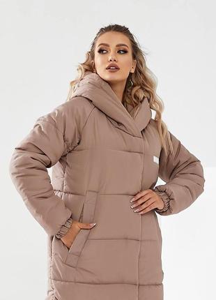 Довга тепла жіноча куртка пальто арт 520 зима бежевий пісочний тілесний10 фото