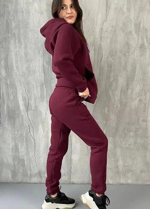 Спортивный костюм на флисе кофта кенгуру свободного кроя с капюшоном худи штаны джоггеры комплект теплый стильный коричневый серый бордовый черный7 фото