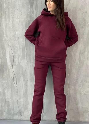 Спортивный костюм на флисе кофта кенгуру свободного кроя с капюшоном худи штаны джоггеры комплект теплый стильный коричневый серый бордовый черный
