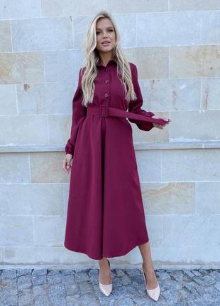 Платье миди отрезное по талии тканевый поясок с пряжкой полочка на пуговицах с воротником рукав длинный на резинке юбка клеш ткань креп костюмка