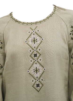 Блуза маречка хаки с вышивкой, вышиванка, льняная, галерея льна, 42-54рр.3 фото