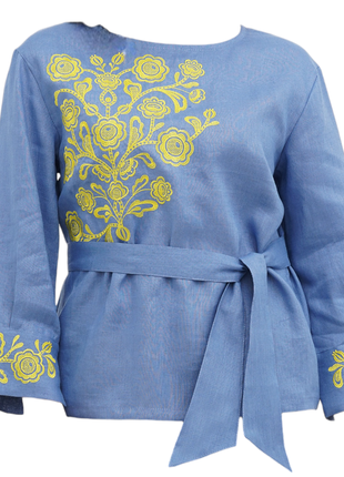 Блуза галина синяя с вышивкой, льняная, галерея льна, 44-54рр.1 фото