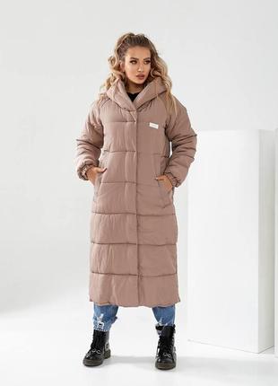 Довга тепла жіноча куртка пальто арт 520 зима бежевий пісочний тілесний
