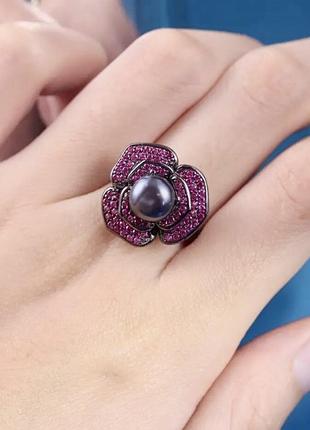 Серебряная кольца 925 пробы с рубинами и черной жемчужиной7 фото