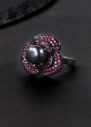 Серебряная кольца 925 пробы с натуральной черной жемчужиной и рубинами6 фото