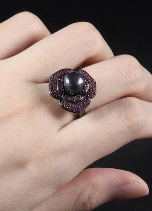 Серебряная кольца 925 пробы с натуральной черной жемчужиной и рубинами8 фото