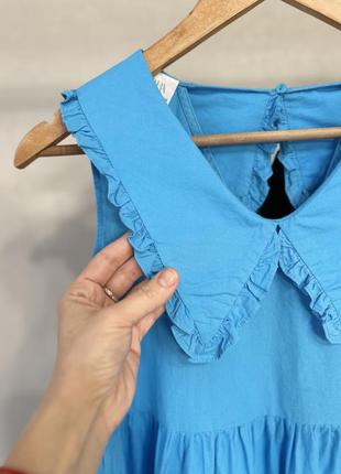 Блакитна ярусна бавовняна сукня zara з трендовим комірцем 🦋🦋7 фото