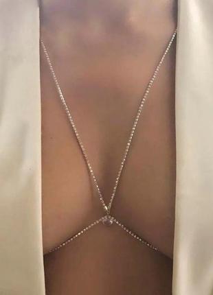 Срібляста портупея на тіло із стразами, вечірній аксесуар