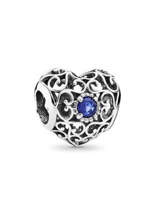 Серебряная бусина pandora сапфировое ажурное сердце 791784ssa