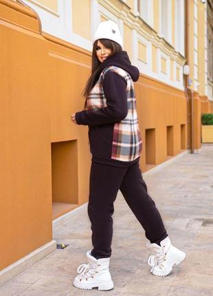 Спортивний костюм з начосом з кофтою на блискавці з капюшоном з принтом у клітинку з кішенями з штанами з високою посадкою з кішенями