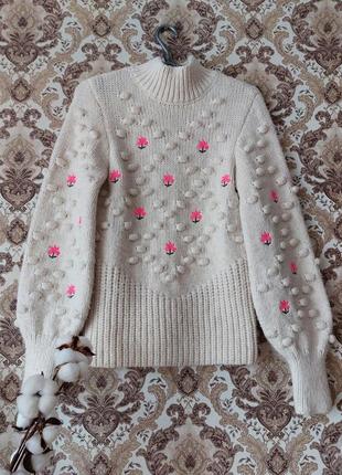 Стильний теплий светр з квітами ,кофта з об'ємними рукавами