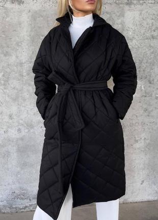 Куртка пальто женская тепла весеннее на весну демисезонная стеганая базовая без капюшона утепленная черная бежевая коричневая батал длинная с поясом3 фото