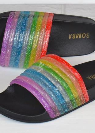 Шлепанцы женские силикон rainbow bomb черные с разноцветным4 фото