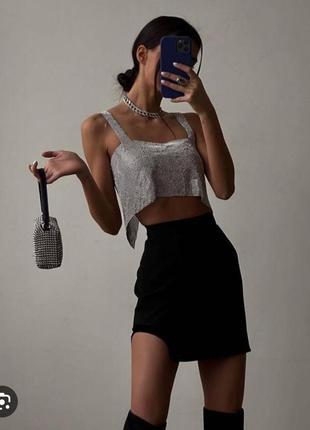 Черная женская сексуальная юбка мини бархат с вырезом на ножке велюр