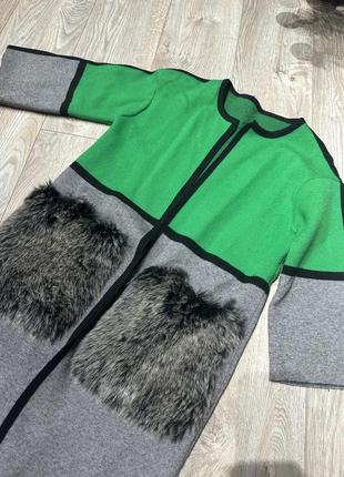 Кардиган с искусственным мехом, зелено серый, пальто2 фото