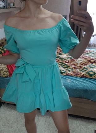 Сукня м'ятного кольору рукава ліхтарик на плечі гумка