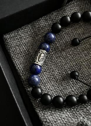 Мужской браслет с серебряной руной феха и лазуритом (символ благополучия, финансового успеха)4 фото