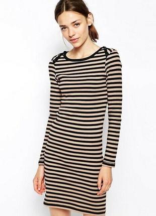 Ganni платье базовое в полоску хлопок мини длинный рукав черная бежевая базовая