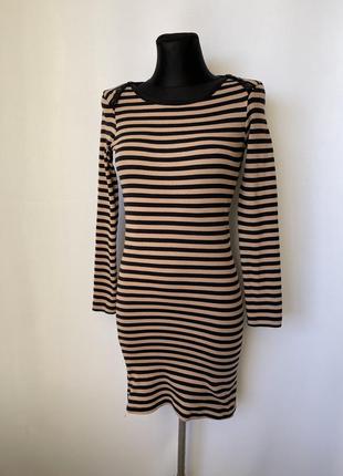 Ganni платье базовое в полоску хлопок мини длинный рукав черная бежевая базовая2 фото