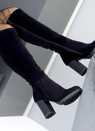 Жіночі чорні чоботи сапоги ботфорти на підборі екозамша фліс демісезонні3 фото