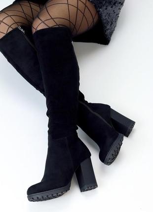 Жіночі чорні чоботи сапоги ботфорти на підборі екозамша фліс демісезонні8 фото