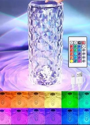 Настільна акумуляторна лампа з пультом 22см нічник троянда з пультом rgb crystal rose.1 фото