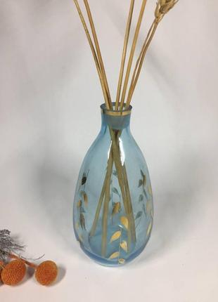 Скляна ваза для декору, квітів блакитне скло позолота н40302 фото