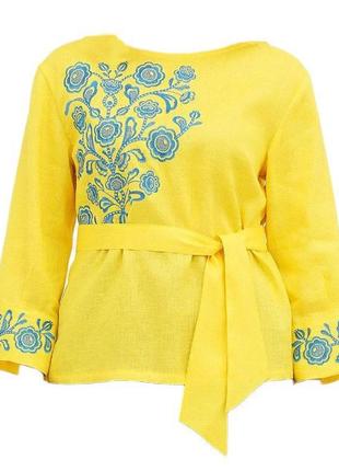 Блуза галина желтая с вышивкой, льняная, галерея льна, 44-54рр.