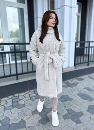 Женское стильное теплое пальто тедди на запах с поясом2 фото