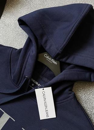 Мужской темный синий теплый на флисе худи calvin klein jeans оригинал кофта с капюшоном балахон реглан размер m l xl6 фото