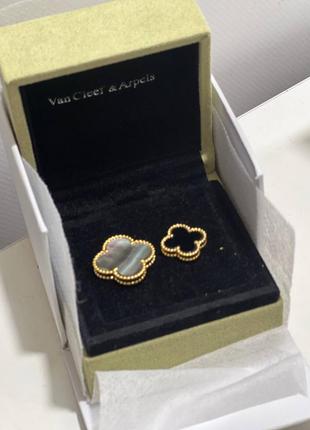 Кольцо женское два черных цветка клевер серебро 925 золотистое брендовое в стиле van cleef люкс2 фото