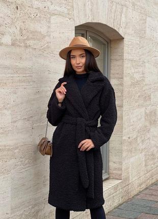 Женское черное теплое мягкое уютное трендовое стильное пальто тедди эко-мех баранец 20242 фото