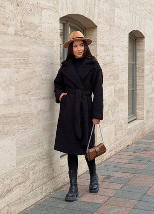 Женское черное теплое мягкое уютное трендовое стильное пальто тедди эко-мех баранец 2024