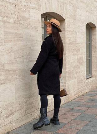 Женское черное теплое мягкое уютное трендовое стильное пальто тедди эко-мех баранец 20244 фото
