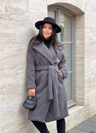 Жіноче темно-сіре тепле м'яке затишне трендове стильне пальто тедді еко-хутро баранець 2024