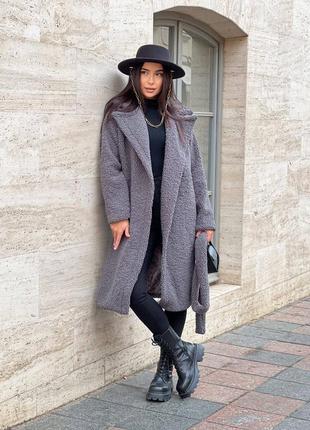 Женское темно-серое теплое мягкое уютное трендовое стильное пальто тедди эко-мех баранец 20243 фото