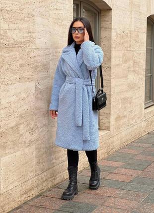 Жіноче блакитне тепле м'яке затишне трендове стильне пальто тедді еко-хутро баранець 2024