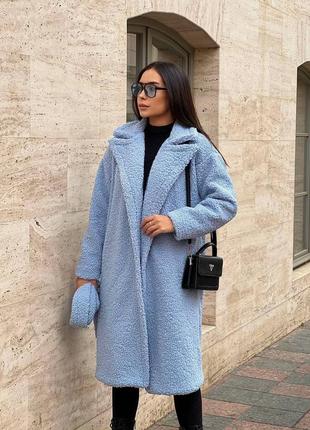 Женское голубое теплое мягкое уютное трендовое стильное пальто тедди эко-мех баранец 20244 фото