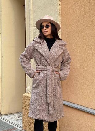 Женское бежевое теплое мягкое уютное трендовое стильное пальто тедди эко-мех баранец 2024