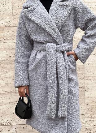 Женское серое теплое мягкое уютное трендовое стильное пальто тедди эко-мех баранец 20244 фото