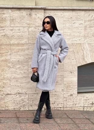Женское серое теплое мягкое уютное трендовое стильное пальто тедди эко-мех баранец 20243 фото