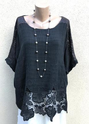 Чорна блуза реглан з мереживом,етно стиль бохо,бавовна