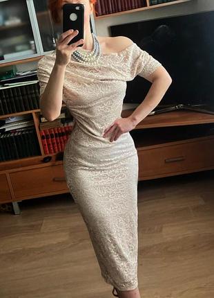Розпродаж сукня asos міді мереживна ажурна кремова з ефектом плеча, що впало7 фото