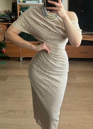 Розпродаж сукня asos міді мереживна ажурна кремова з ефектом плеча, що впало9 фото