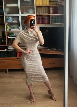 Розпродаж сукня asos міді мереживна ажурна кремова з ефектом плеча, що впало8 фото